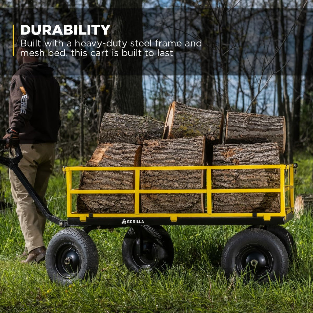 Steel Garden Cart, 4-Wheel Yard Cart, 1400 lb Capacity | Removable Sides, Convertible hand or tractor tow handle