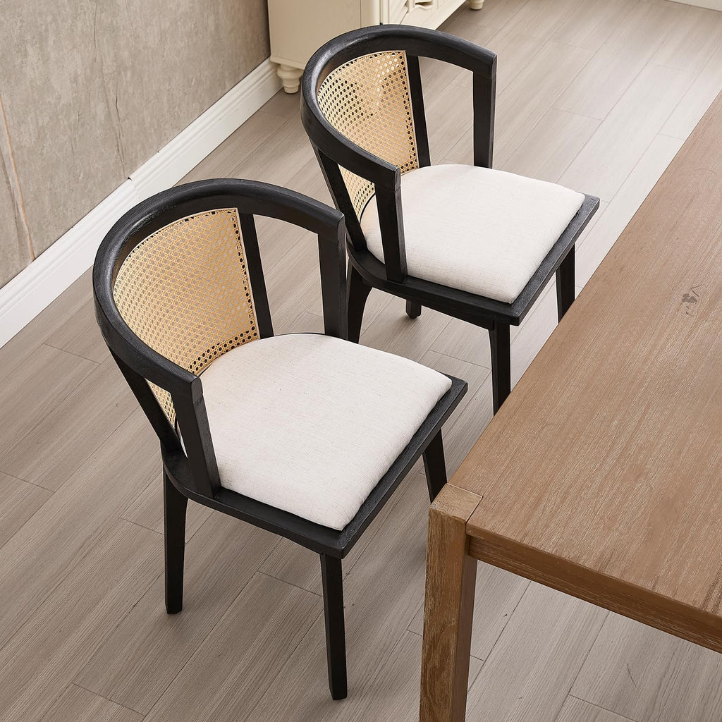Modern Rattan Dining Chair Set of 4 Farmhouse Semi Barrel Dining Room Chair Wooden Upholstered Chair Oak Finish
