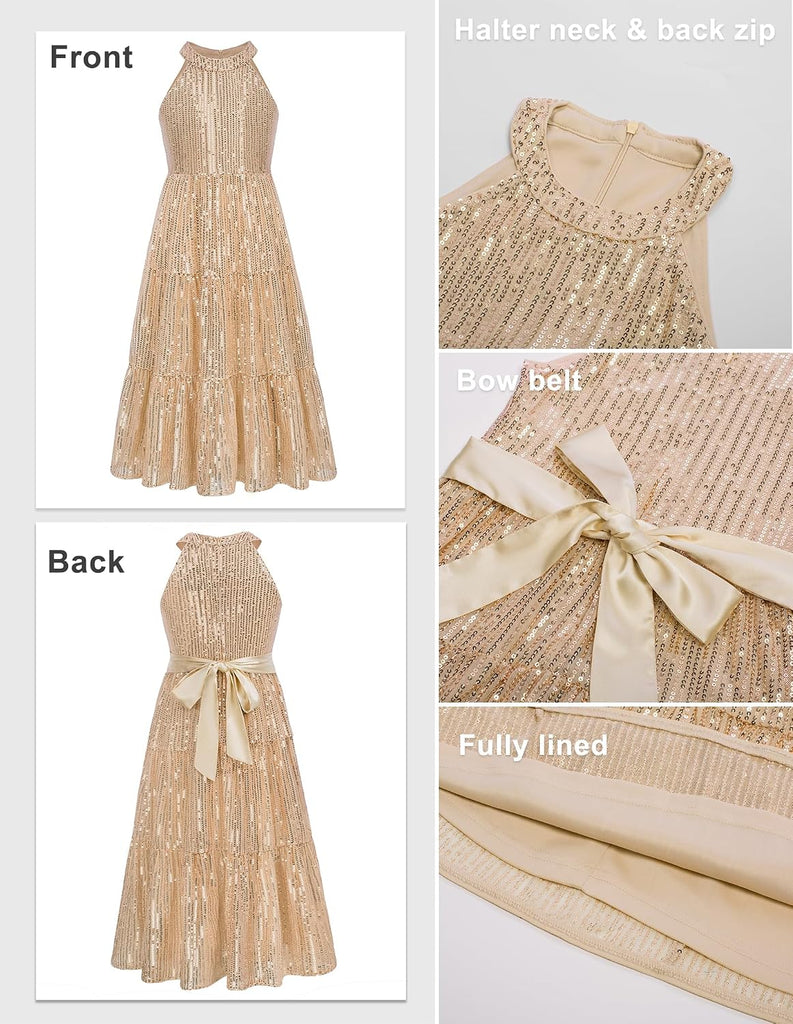 Girls Sequin Dress Formal Party Elegant Fancy Girls Maxi Long Dress