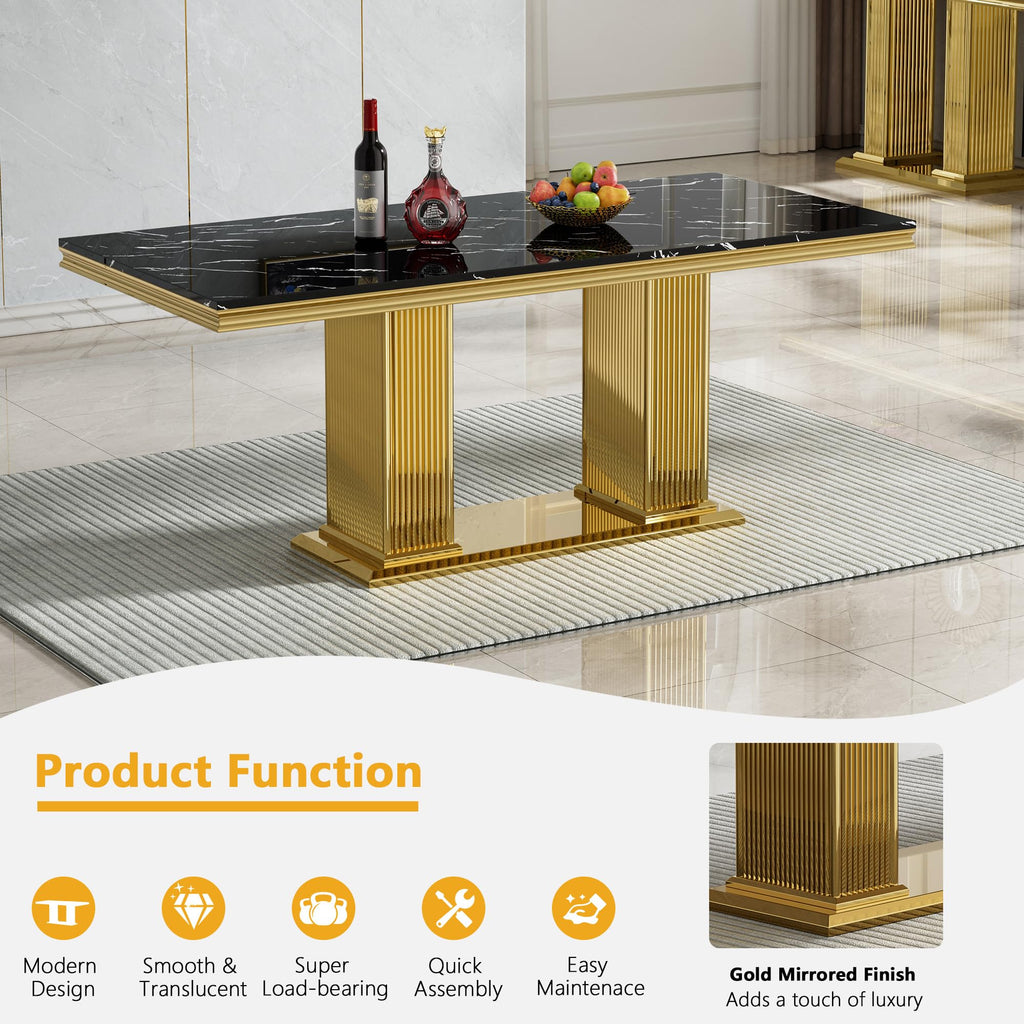 68 in Faux Marble Dining Table for 4-6, Black Marble Dining Table with Gold Stainless Steel Base, Luxury Rectangular