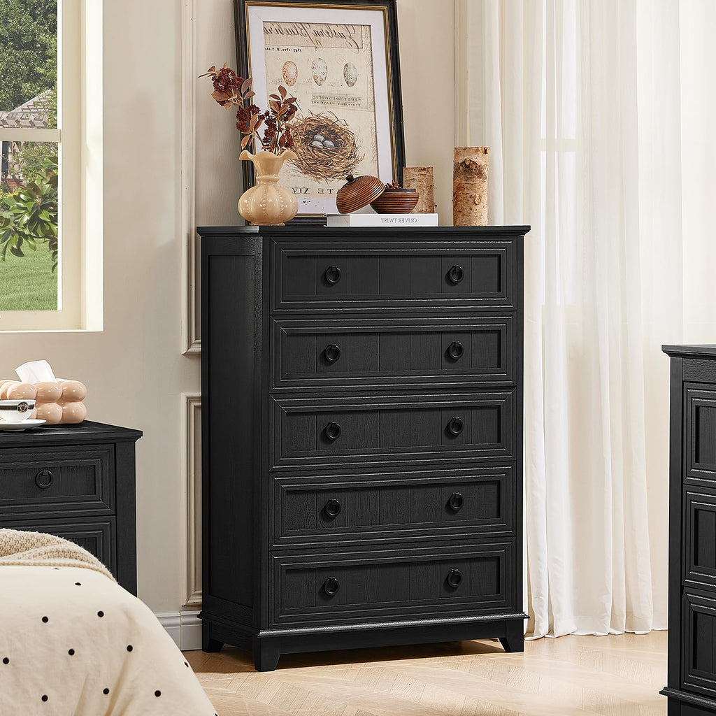 Farmhouse 5 Drawer Set of 2, 42" Tall Small Dressers & Chest of Drawers, Rustic Wood with Metal Handle, Storage