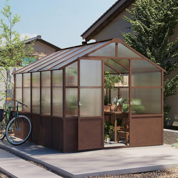 8x10 FT Outdoor Wooden Walk-in Greenhouse, Heavy Duty Pine Wood Green House with 6MM Thick Polycarbonate Panels