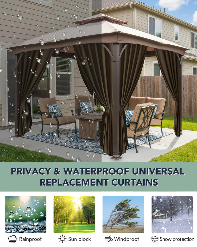 Gazebo Curtains Outdoor Waterproof with Zipper, 4-Panel, Brown
