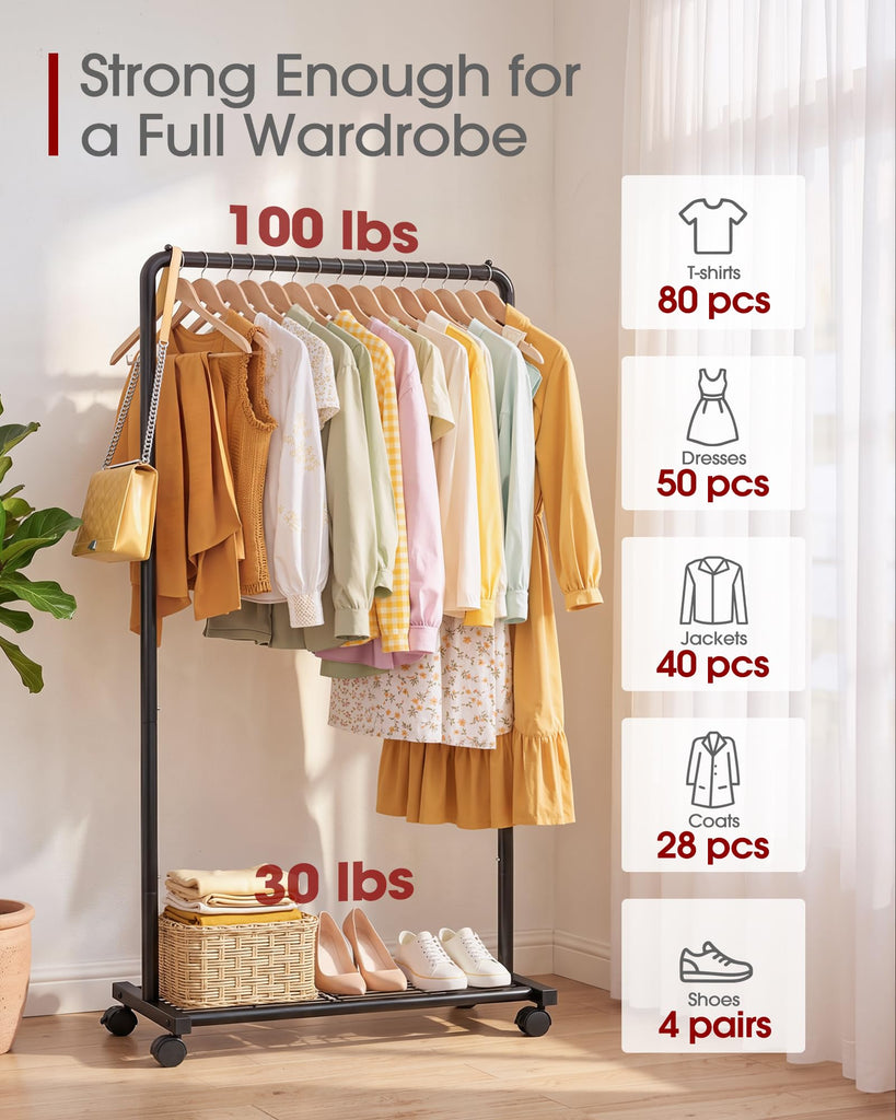 Clothes Rack - Clothing Rack with Storage Mesh Shelf & Casters, Heavy-Duty Metal Clothing Rack for Hanging Clothes