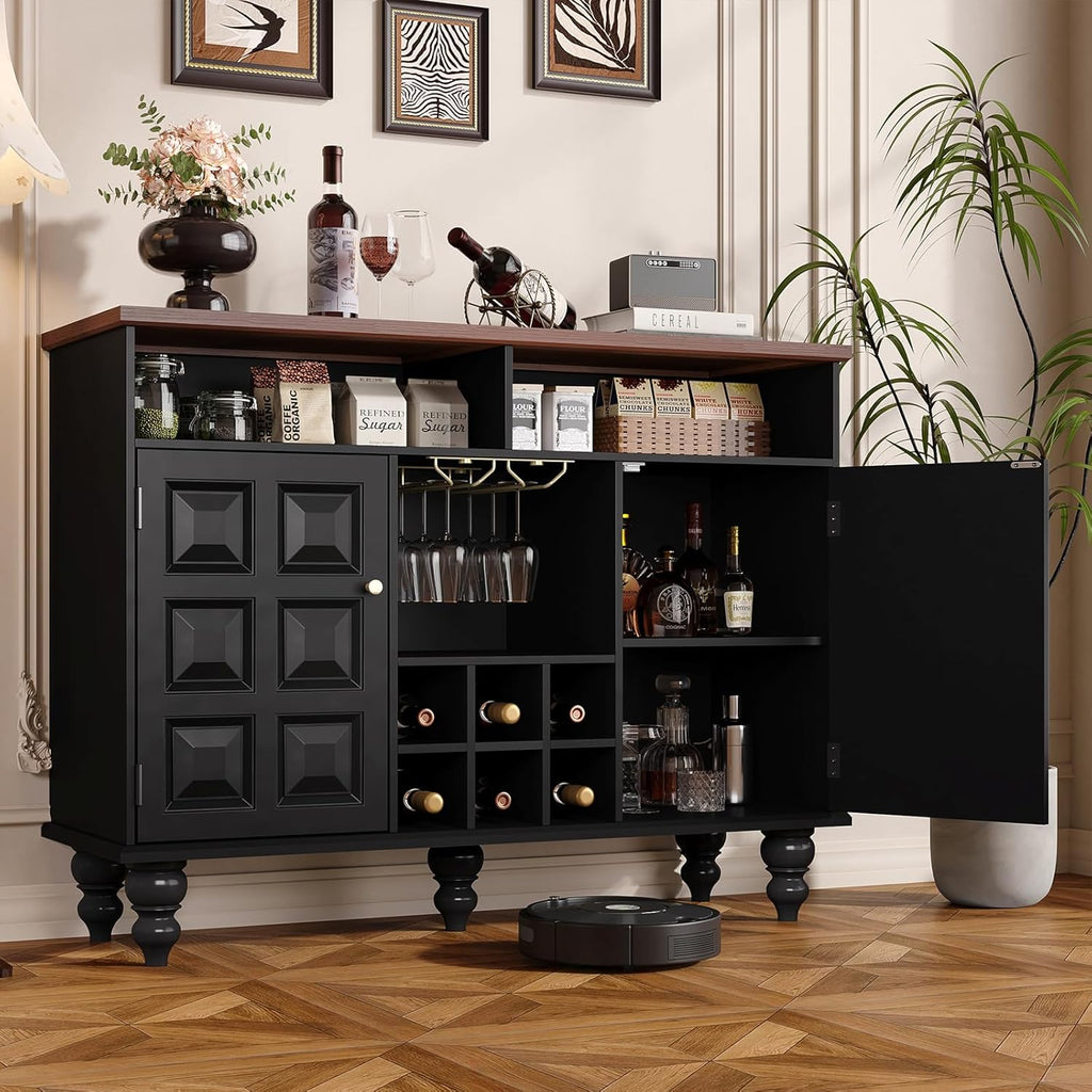 45" Coffee Bar Cabinet with Wine Rack and Glass Holder, Mid Century Modern Farmhouse Coffee & Liquor Bar Cabinet with