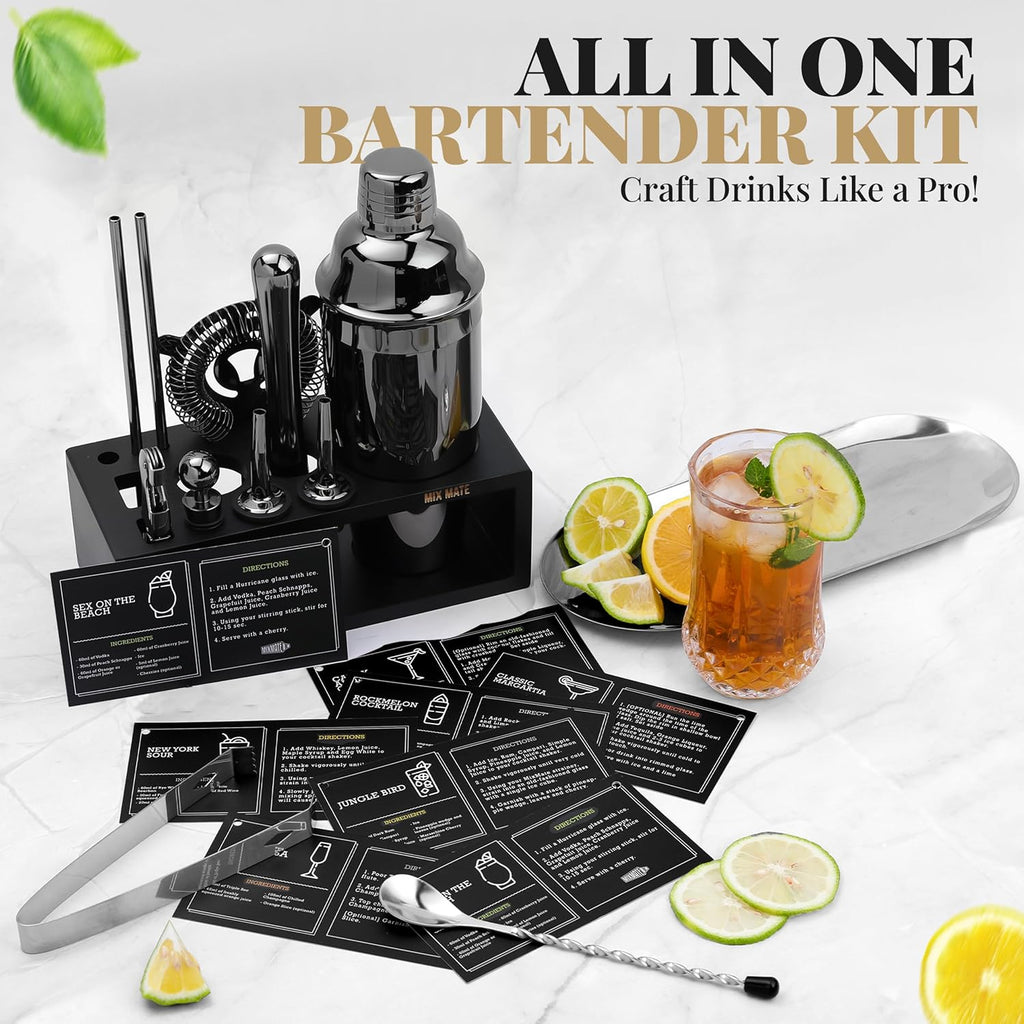Black Stainless Steel Cocktail Shaker Set with Wood Stand - Bartender Kit with Drink Shaker, Bar Spoon - Set of 15
