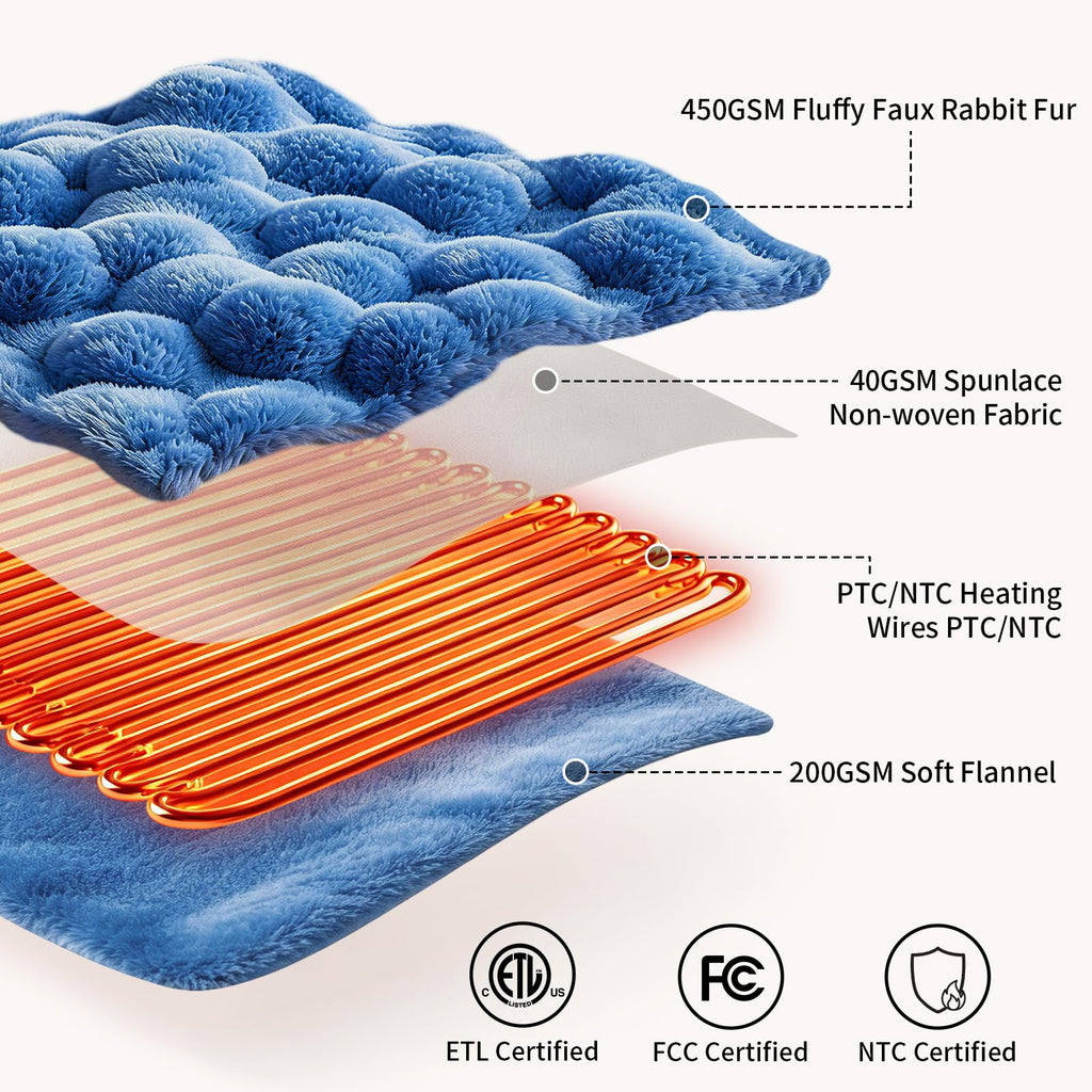 Fluffy Faux Fur Heated Blanket King Size, Tie-dye Blue, 90"x100"