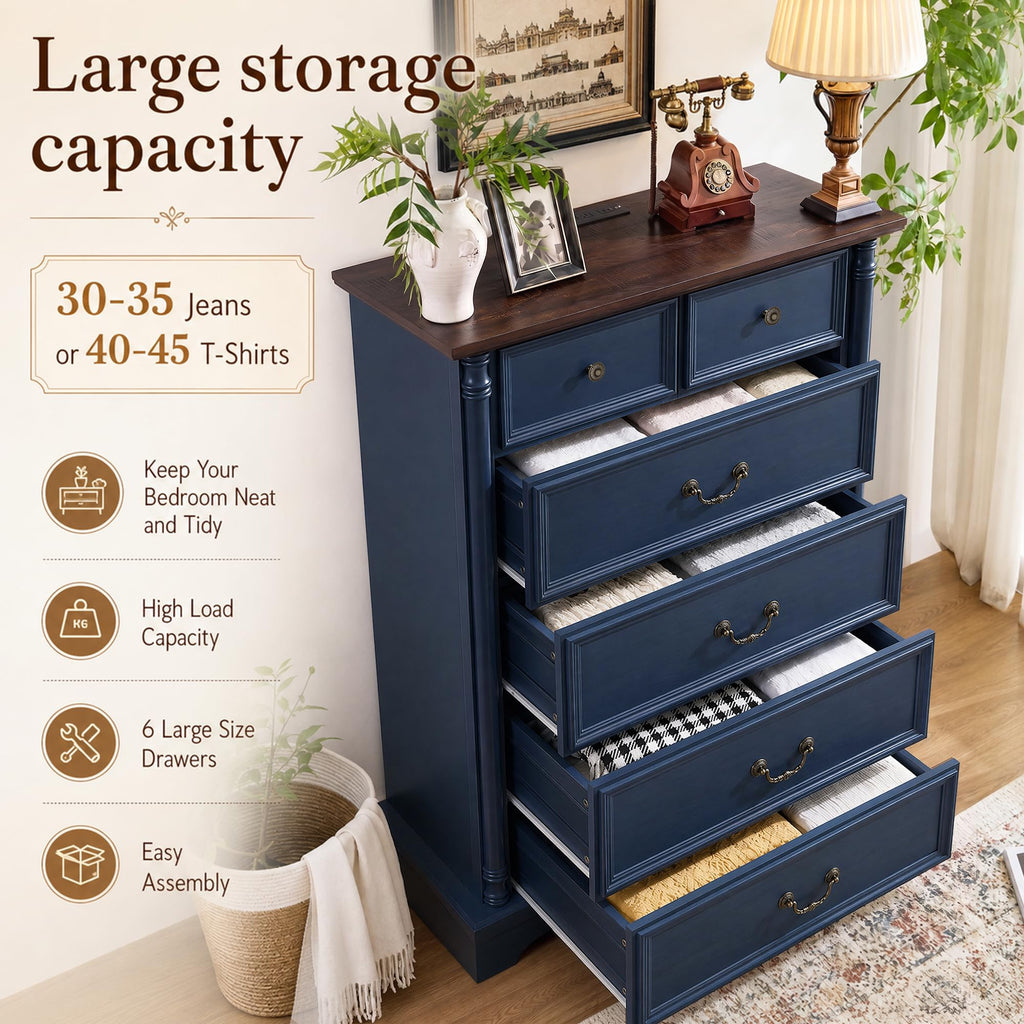 Farmhouse 6 Drawers Dresser, 47" Tall, Blue