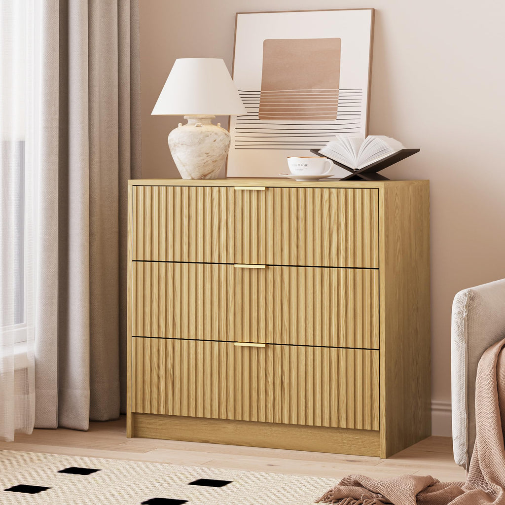 Fluted 3-Drawer Nightstand, 32"Wide Dresser, Natural