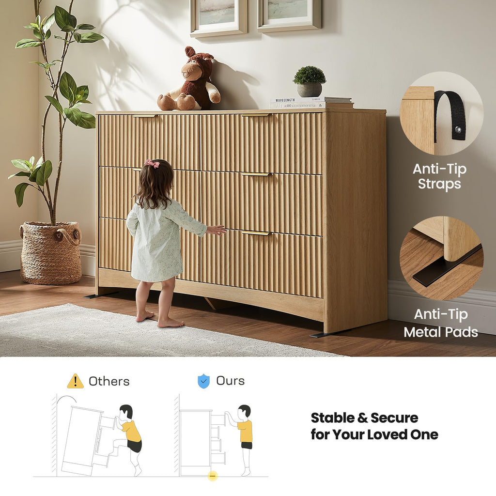 Fluted 6 Drawer Dresser, Modern Wood Chest of Drawers, Natural Oak