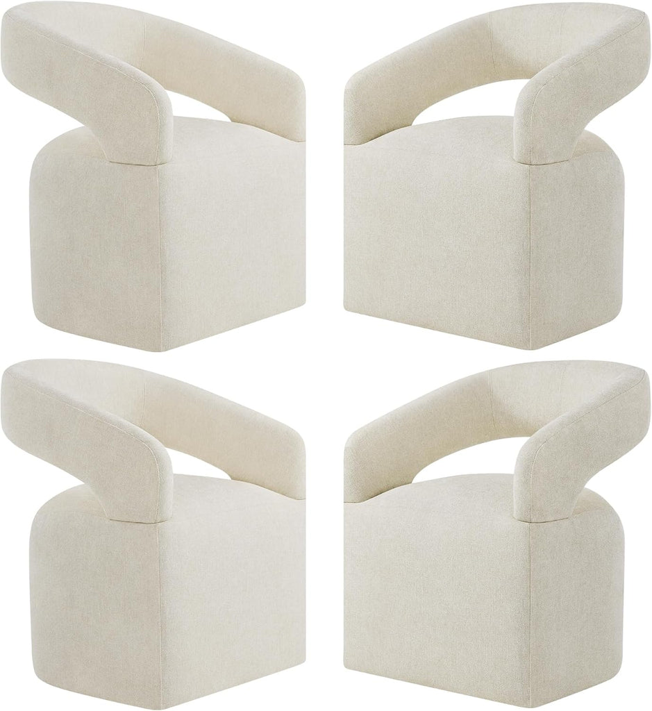 Upholstered Dining Chairs Set of 4, Modern Rolling Dining Chairs with Hidden Casters, Arm Kitchen Chairs with Linen