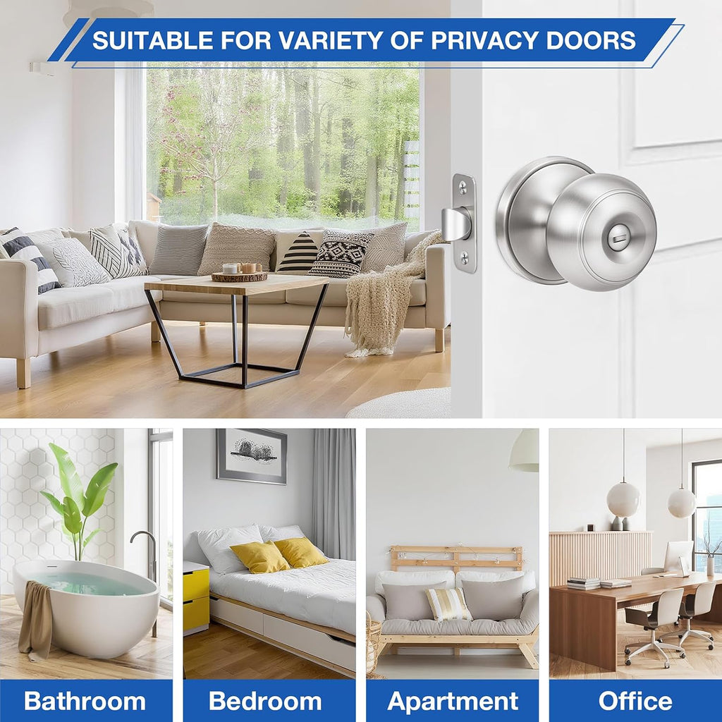 6 Pack Brushed Nickel Door Knobs,Privacy Door Knob with Lock, Interior Doorknobs Silver, Keyless Door Locks Set s