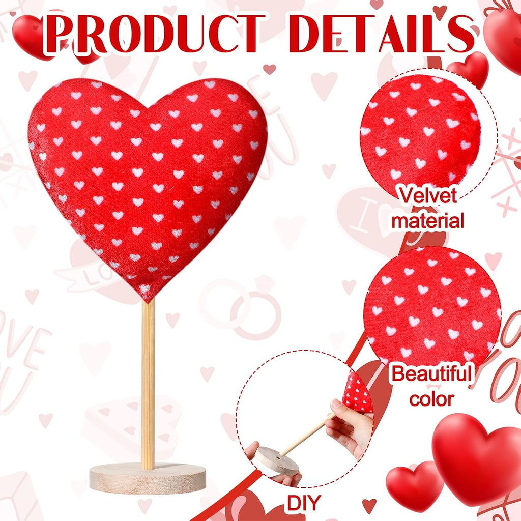 Valentine's Day Decorations Flocked Heart Table Decor Velvet Heart Wooden Sign Tall Standing Love Tabletop - Set of 7