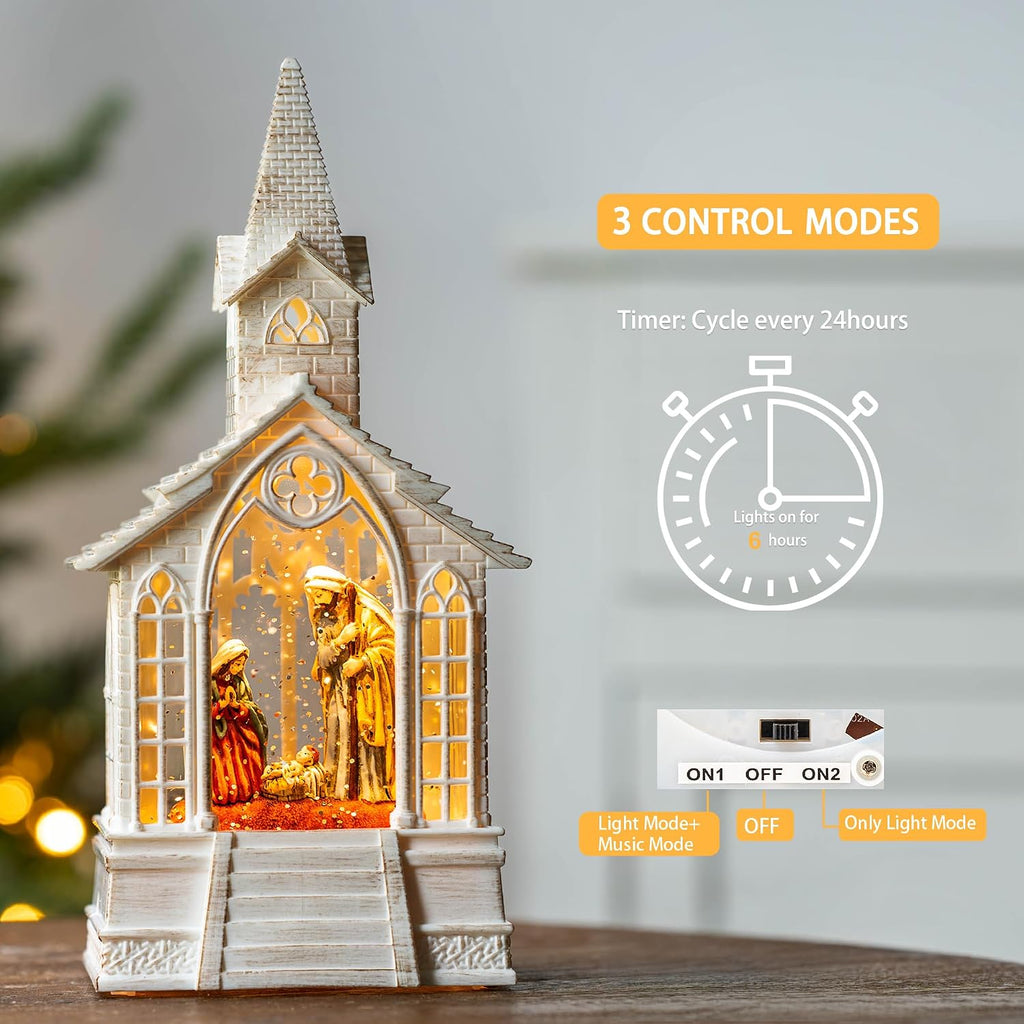 Christmas Nativity Snow Globe Lantern Musical Holy Family Lighted Water Church with Silent Night Music for Christmas