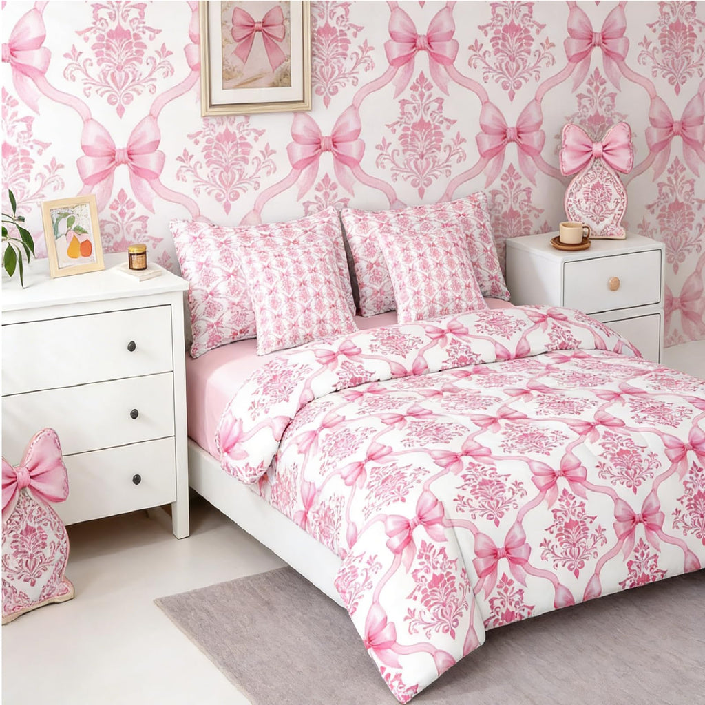 Pink Bow Decor Victorian Twin Comforter Set with Sheets | Antique Damask 7-Piece Bedding Set Gothic Baroque Floral