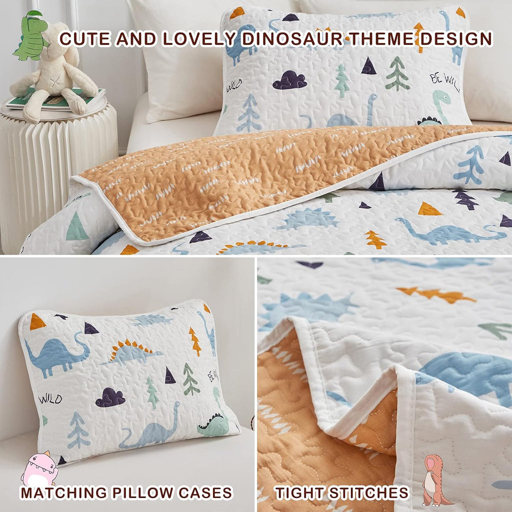 2-Piece Cotton Quilt Set Twin, Cute Dinosaur Reversible Design for Kids Boys Girls, Breathable Skin-friendly Quilt