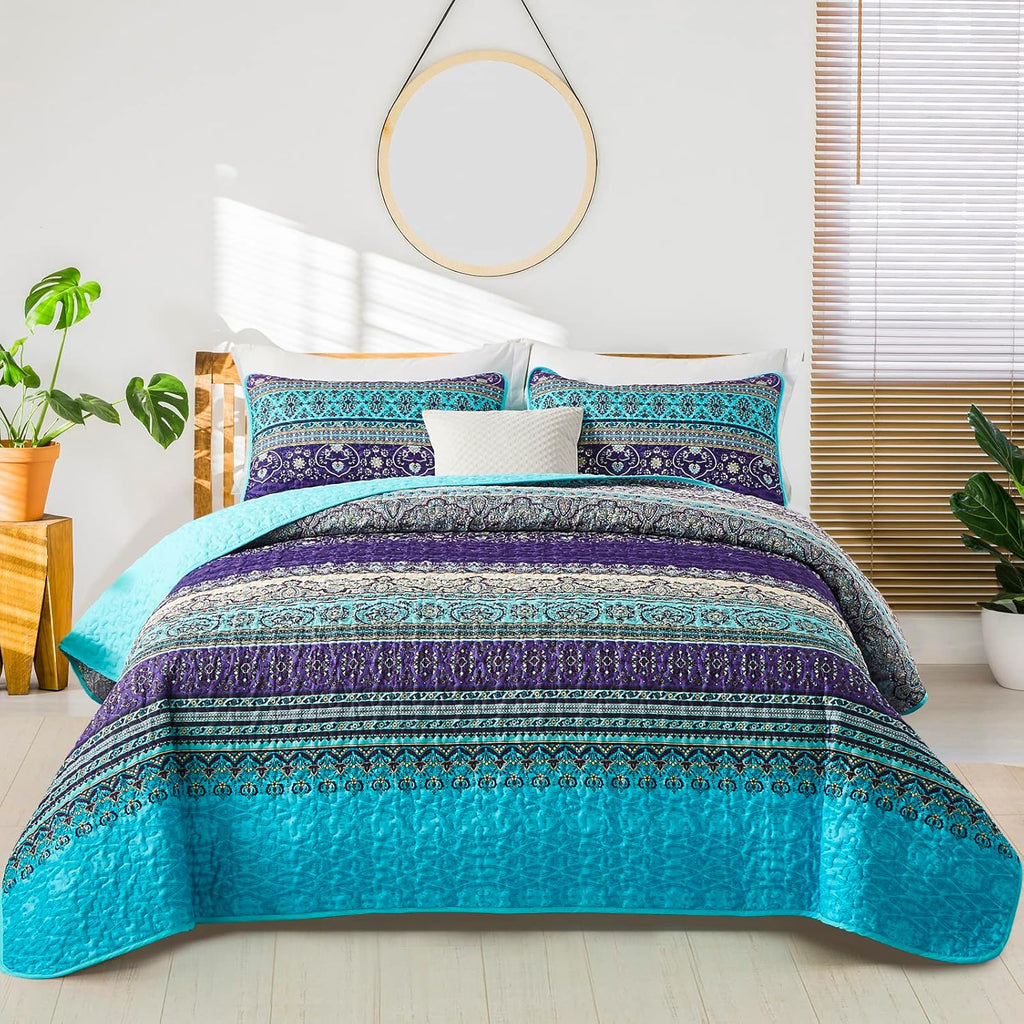 Boho Queen Quilt Set, Blue Bohemian Queen Quilt Bedding Set, Lightweight Microfiber Bed Decor Bedspread for All