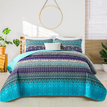 Boho Queen Quilt Set, Blue Bohemian Queen Quilt Bedding Set, Lightweight Microfiber Bed Decor Bedspread for All