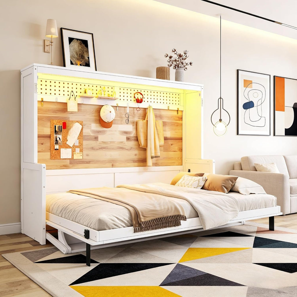 Queen Horizontal Murphy Bed with Desk, Farmhouse Wall Bed Frame with LED Lights & Charging Station, Wood Hidden