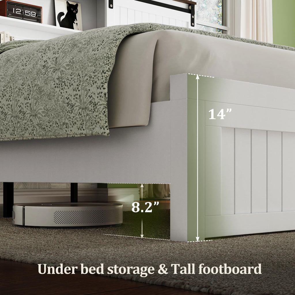 Farmhouse Bed Frame Wood with Headboard Storage, White