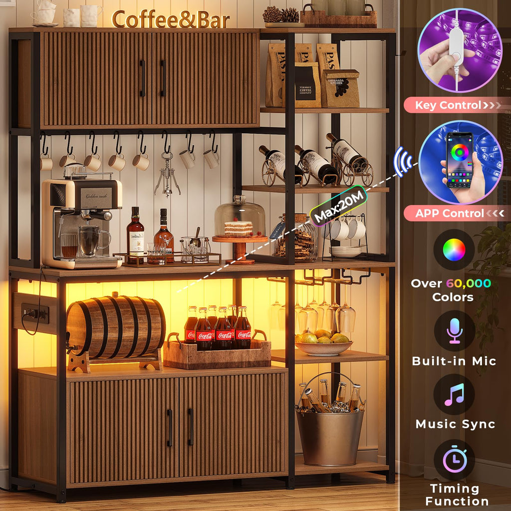 Fluted Bakers Rack with Storage and LED Light, 45.3 Inch Coffee Bar Cabinet, Microwave Stand with Storage, Goblet