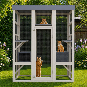 70" Large Outdoor Catio Cat Enclosure, Wood Cat Patio with 5 Platforms and 2 Resting Box, Cats Shelter