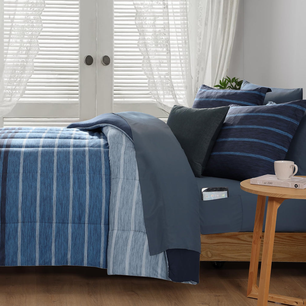 Comforter Set - 7 Pieces Bed in a Bag, Navy Blue-Stripe Bedding Sets, All Seasons Comforter Bed Set