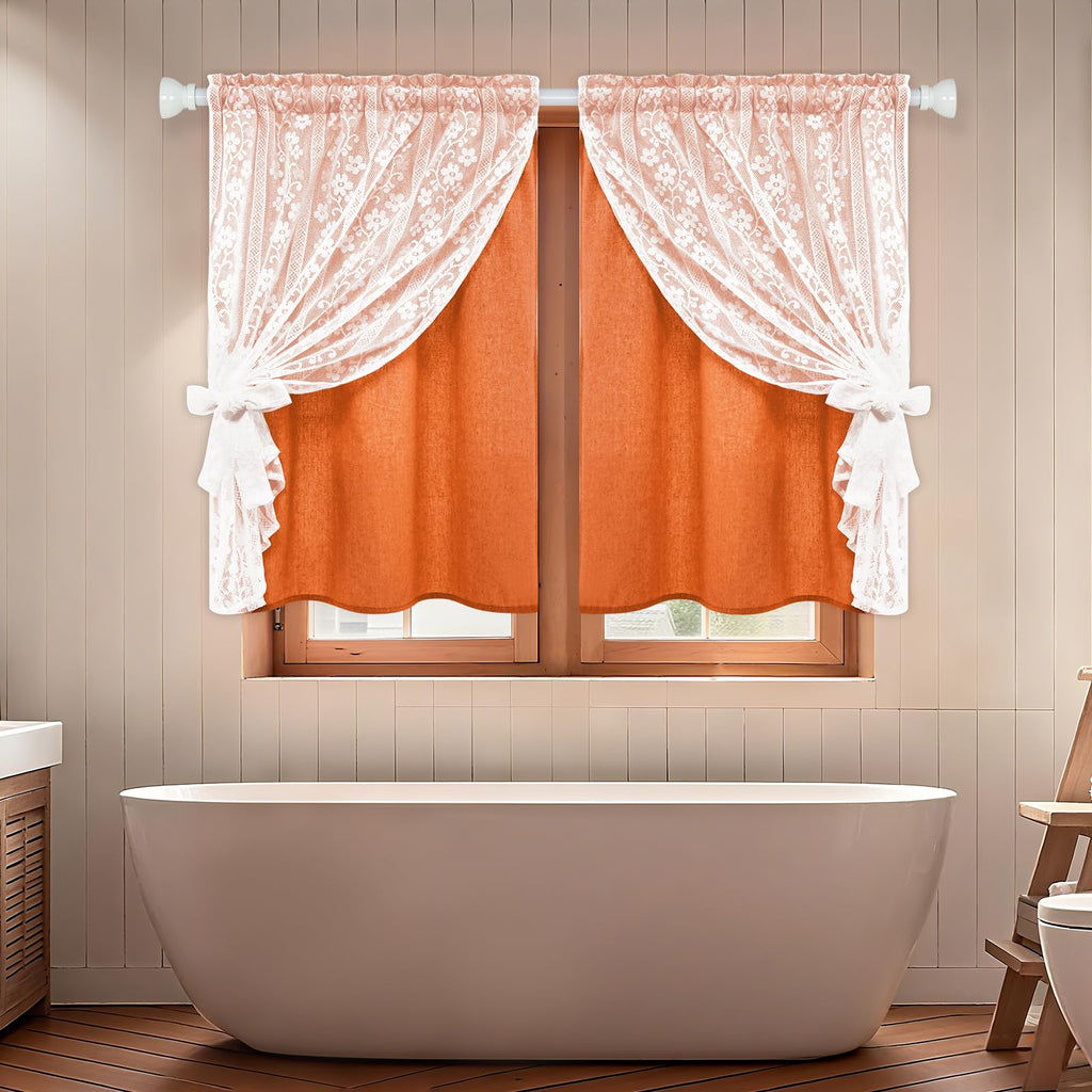 Linen Kitchen Curtains Double Layers Window Curtain with Linen Lace, Farmhouse Cafe Curtain 36 Inch Length Rod