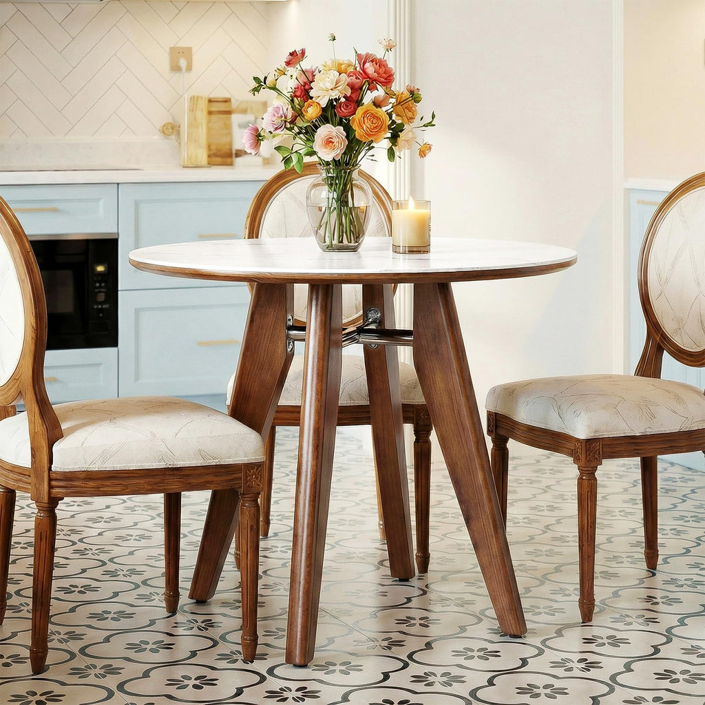 31.5" Round Dining Table, Modern Sintered Stone Kitchen Table with Solid Wood Legs, Small Space, Glossy White & Brown