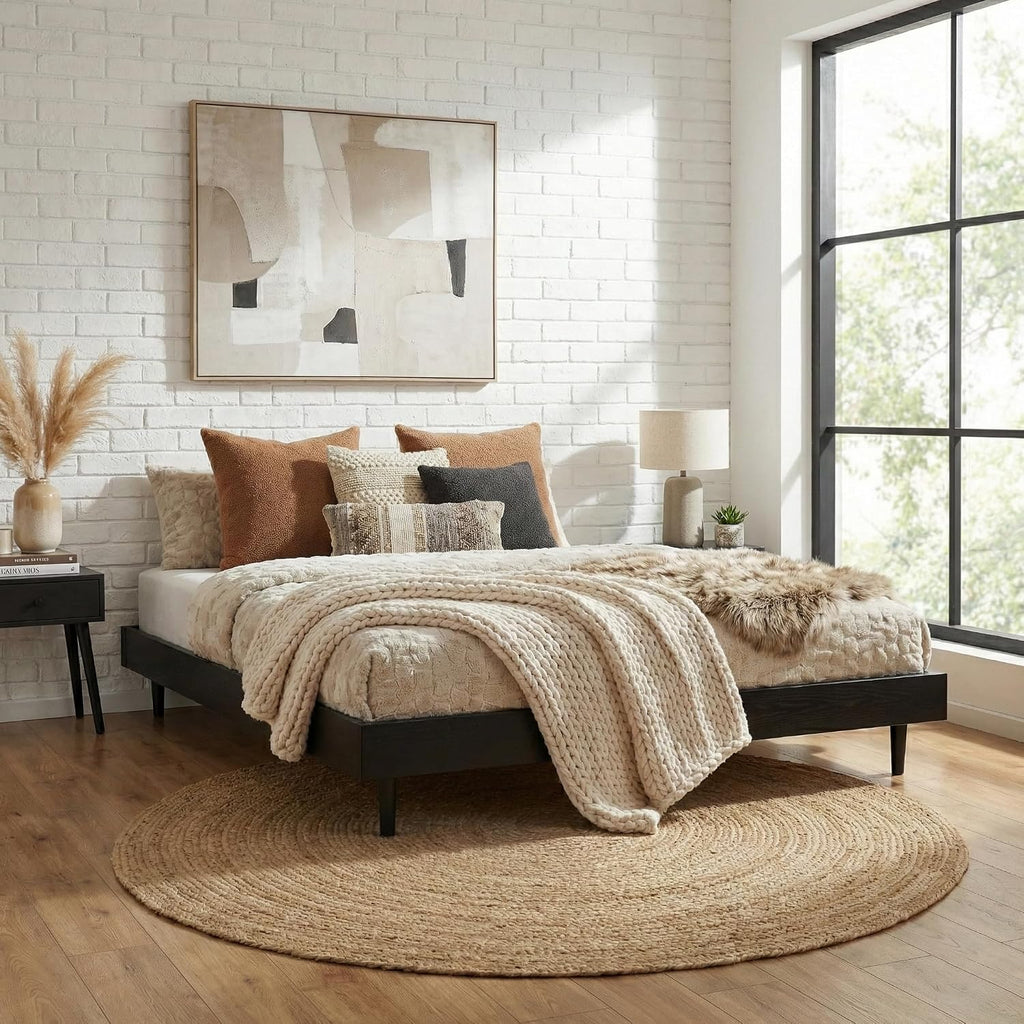 Fly Wooden Bed Frame Without Headboard, Solid Oak and Rubber Wood Foundation with Silent Slats and Wood Central
