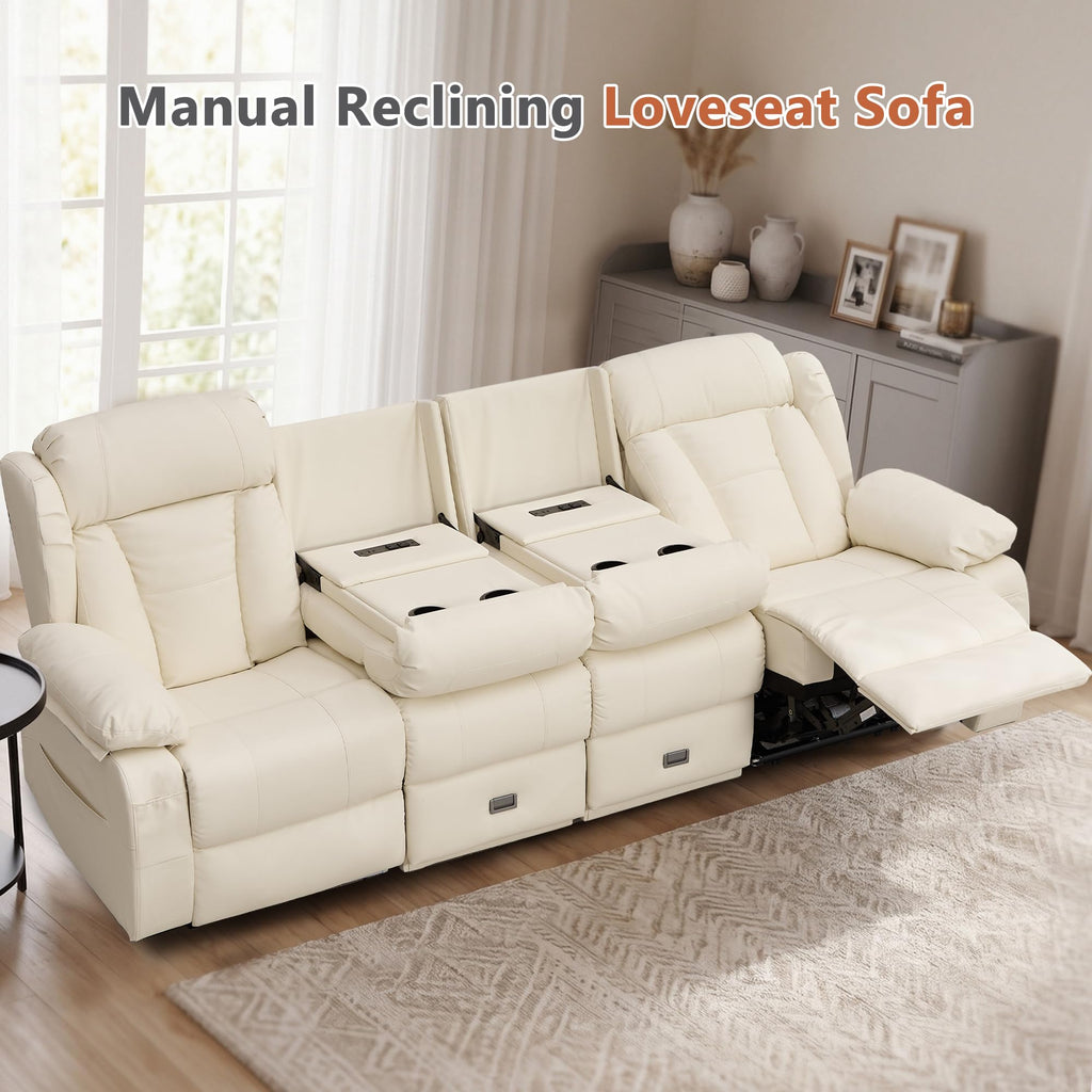 Recliner Sofa, 4 Seater Reclining Couch, Faux Leather, Beige, 97.6"