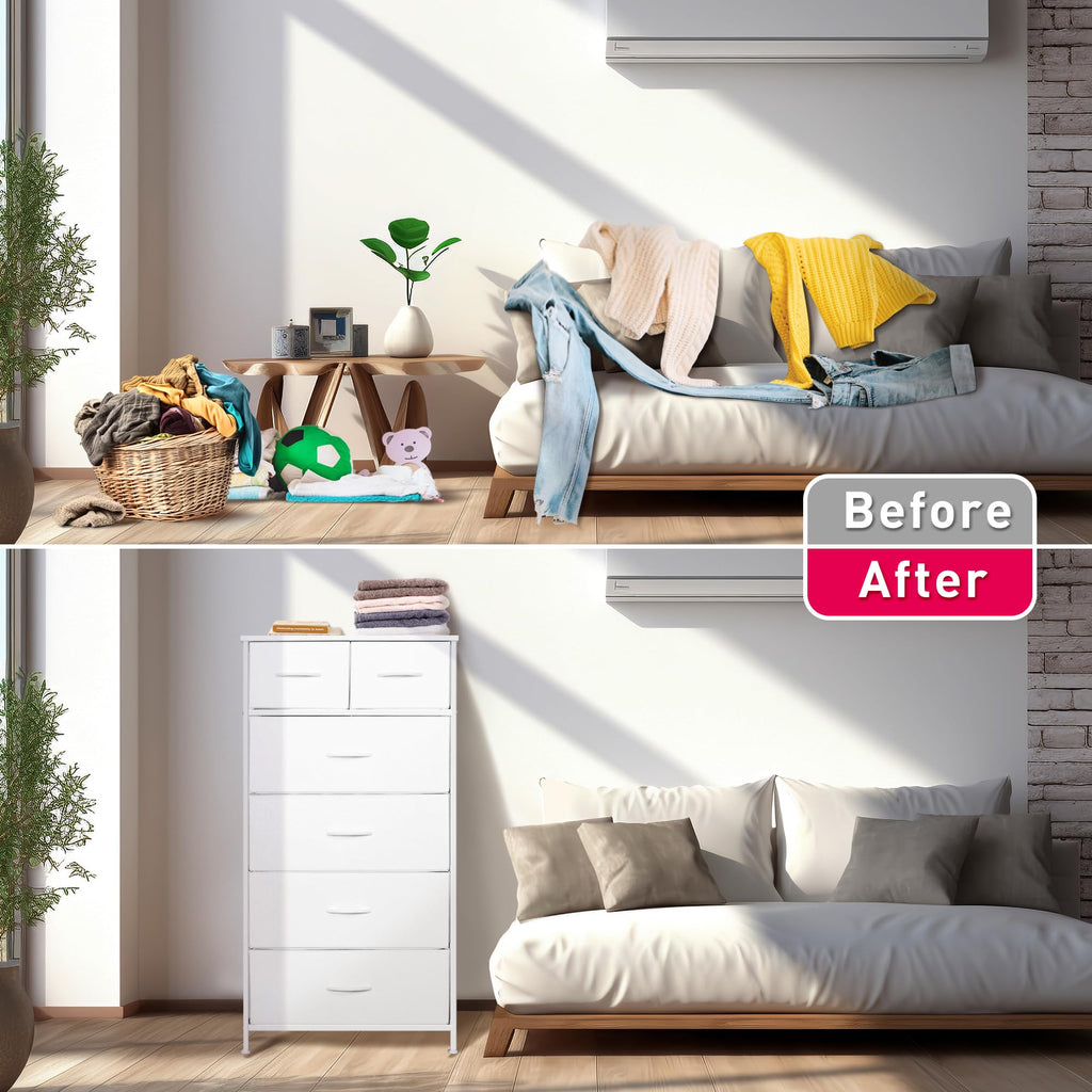 Tall Dresser, Vertical Storage Organizer Tower with 6 Drawers, Chest of Drawers with Fabric Bins, Steel Frame, Wood