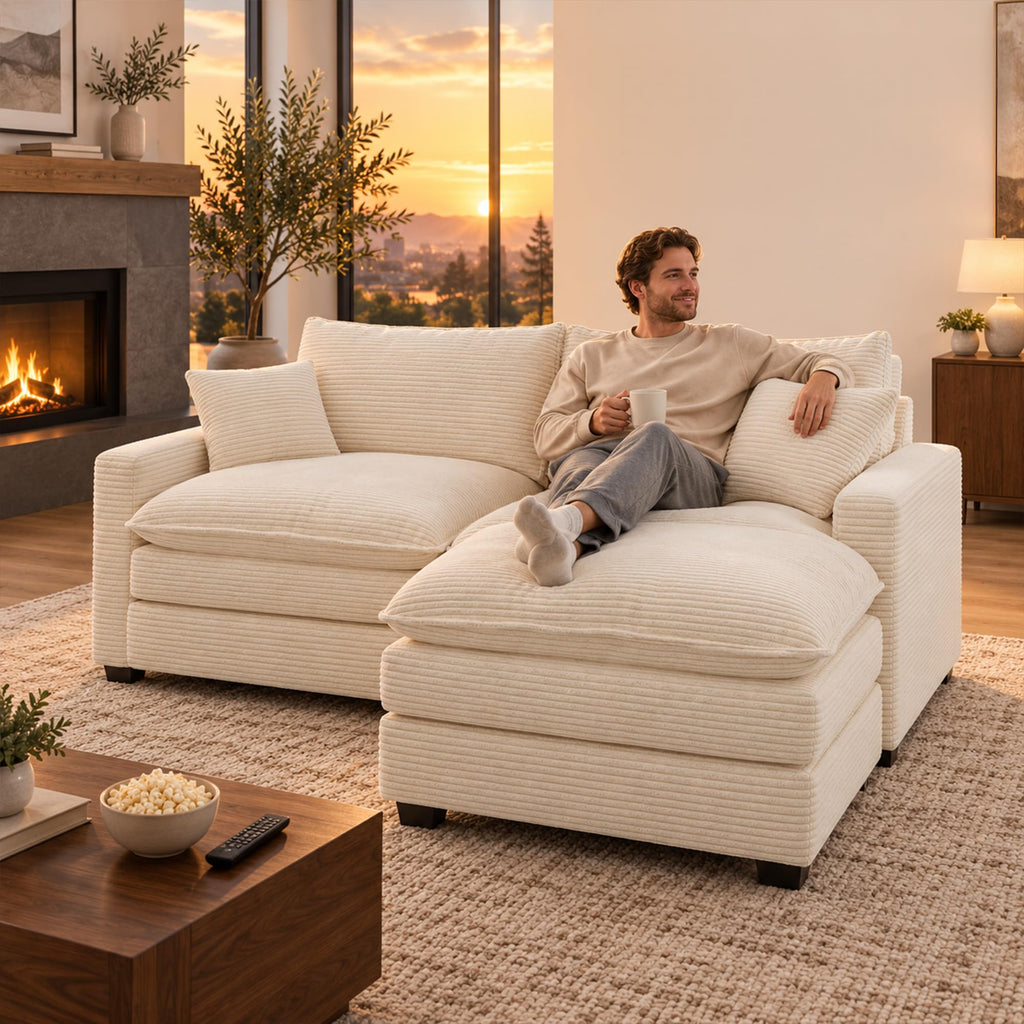 74" Cloud Loveseat with Movable Ottoman, L Shaped Modular Sectional Sofa