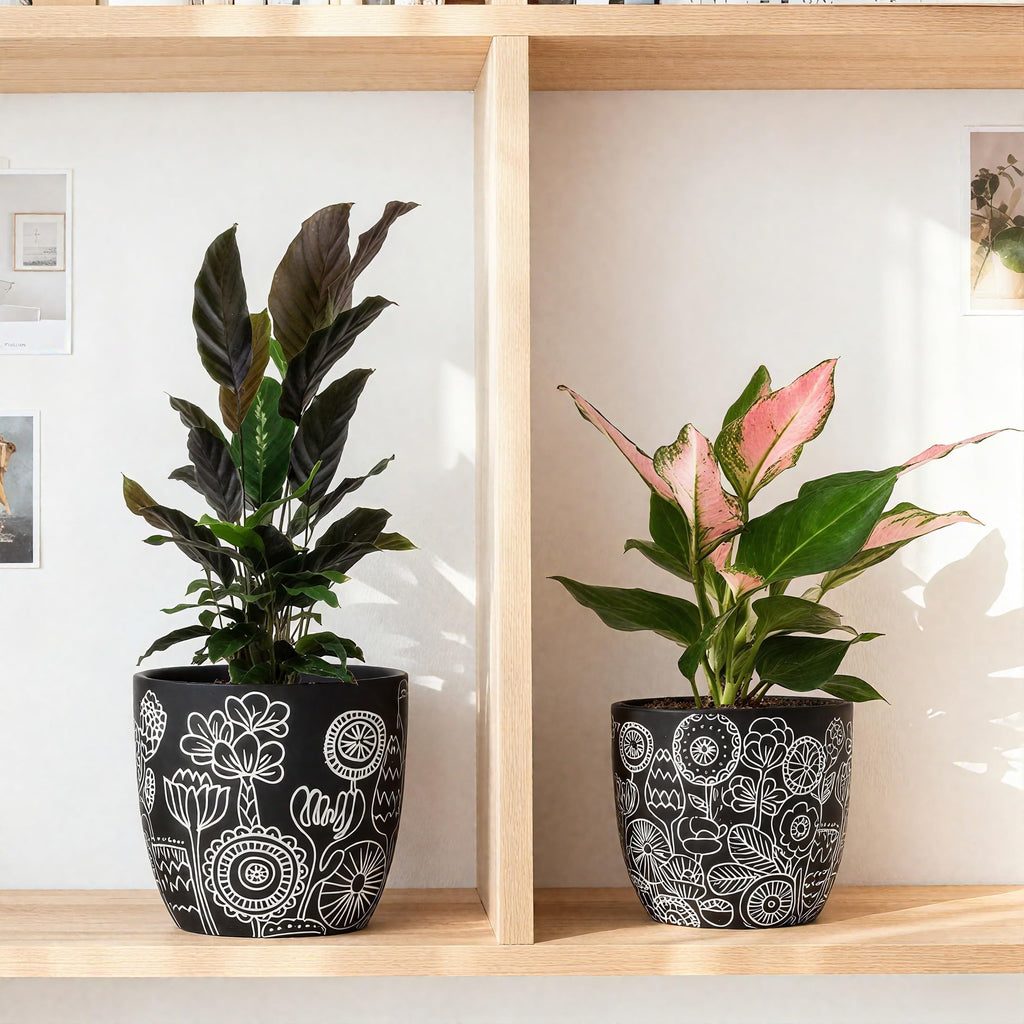 Terracotta Pots, 6.5+5+4.4 Inch Plant Pots with Drainage Hole- Floral Pattern, Black Boho Ceramic Planters for Indoor
