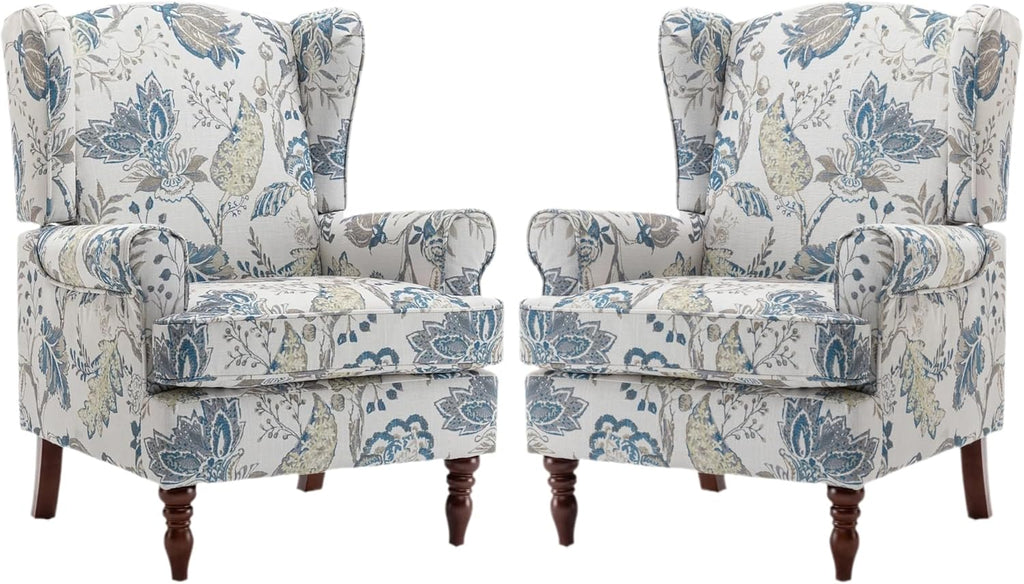 Mid Century Wingback Accent Chairs Set of 2 Blue Floral | Retro Wooden Legs Modern Linen Upholstered Armchair Floral