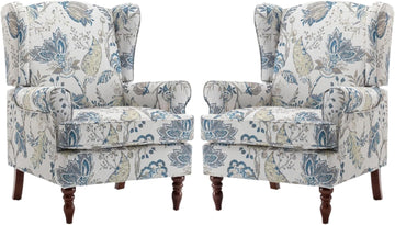 Mid Century Wingback Accent Chairs Set of 2 Blue Floral | Retro Wooden Legs Modern Linen Upholstered Armchair Floral