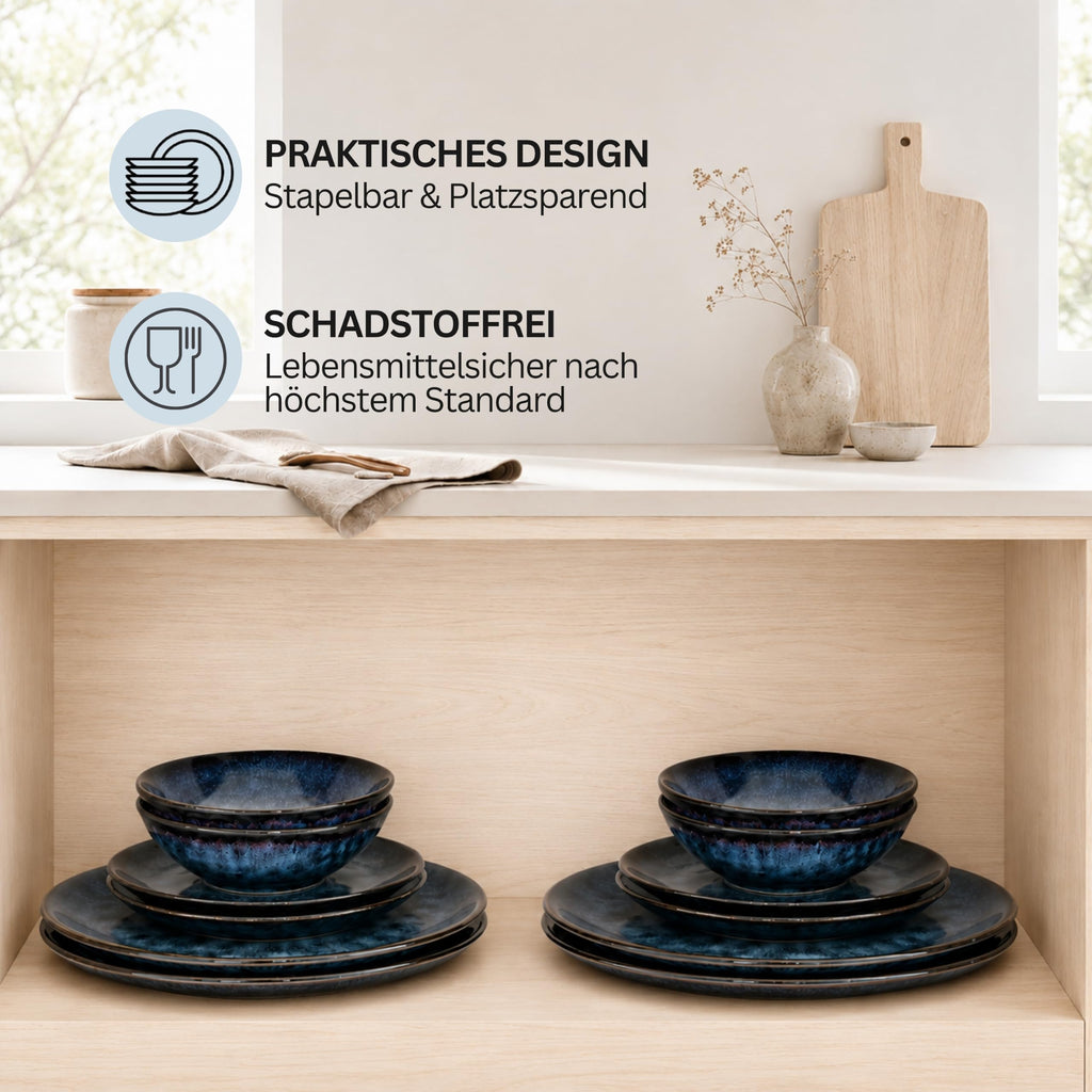 Tokyo Dinner Service, 36 Pieces, Crockery Set for 12 People, Stoneware Tableware Set, Dinnerware, Modern Handmade