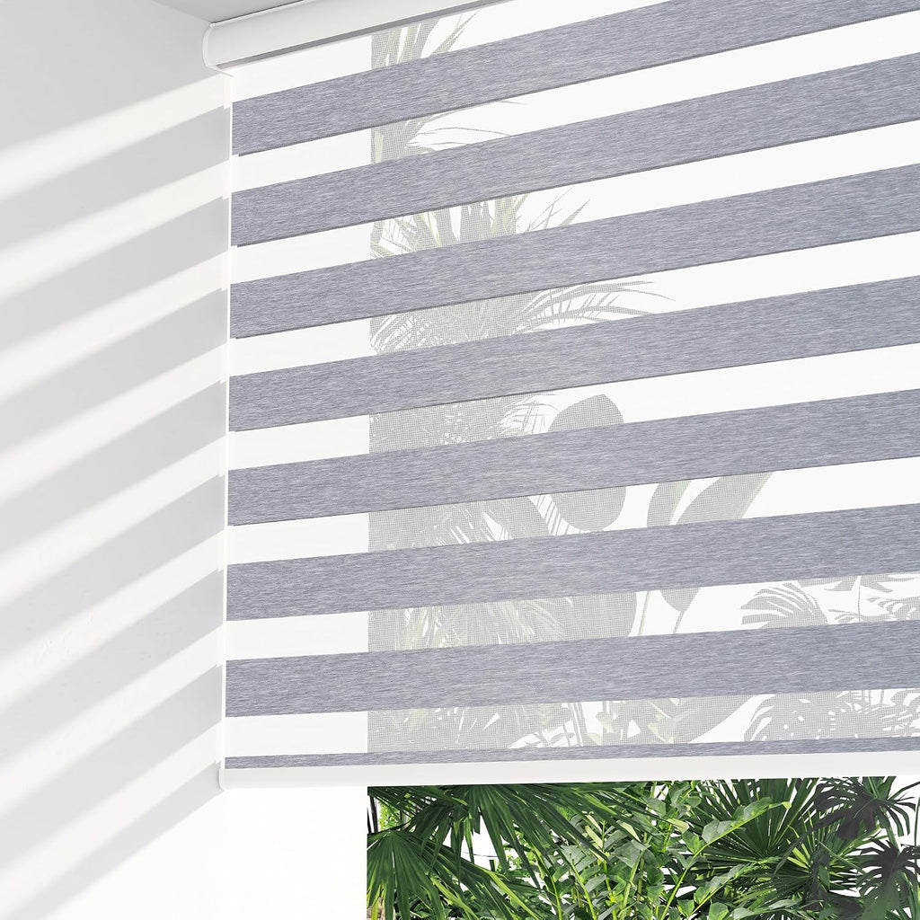 Cordless Zebra Blinds for Windows 64"x72", Grey - Linen | Free-Stop Roller Windows Shades with Cassette, Light