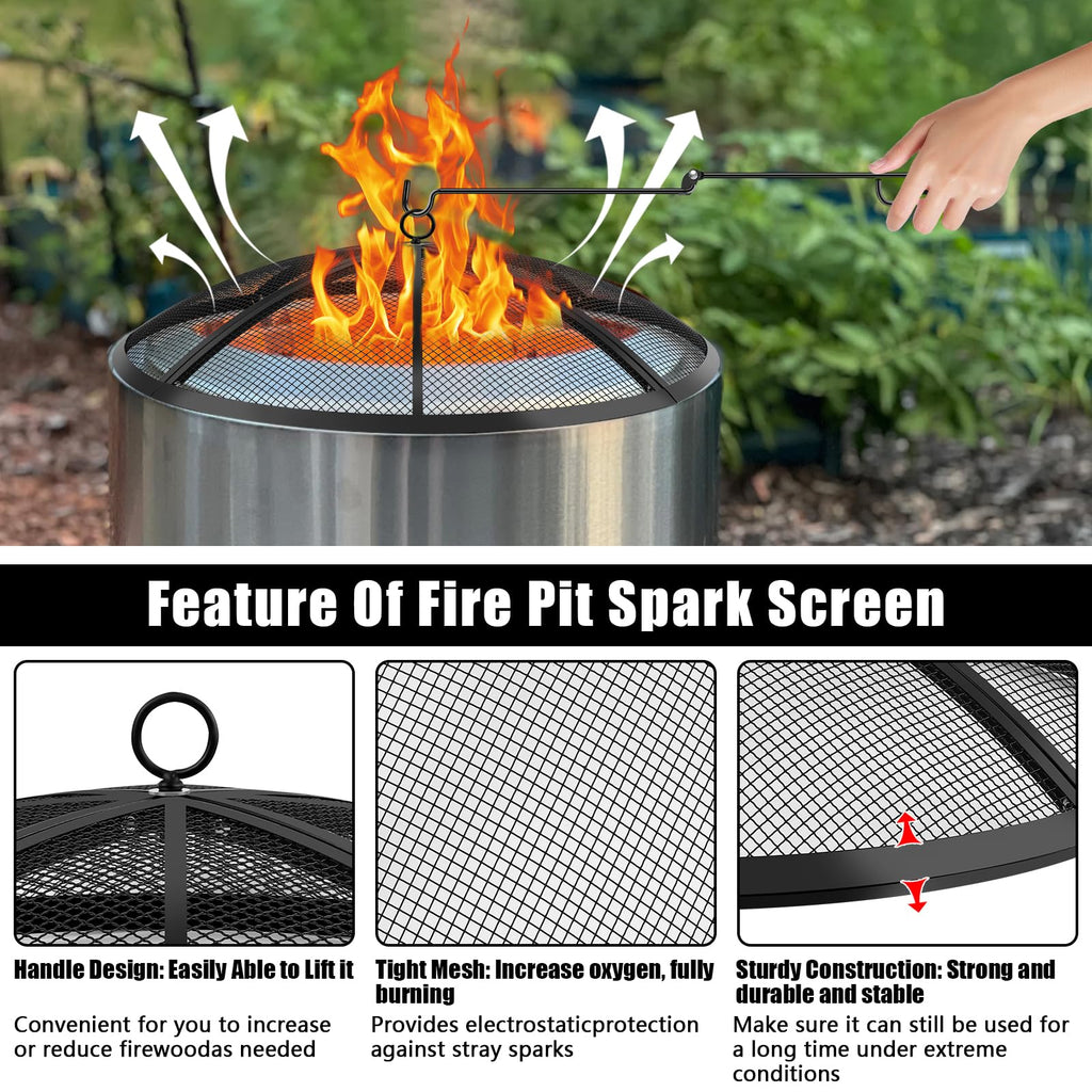 Fire Pit Spark Screen, Fire Pit Screen 27 Inch Round with Handle & Poker