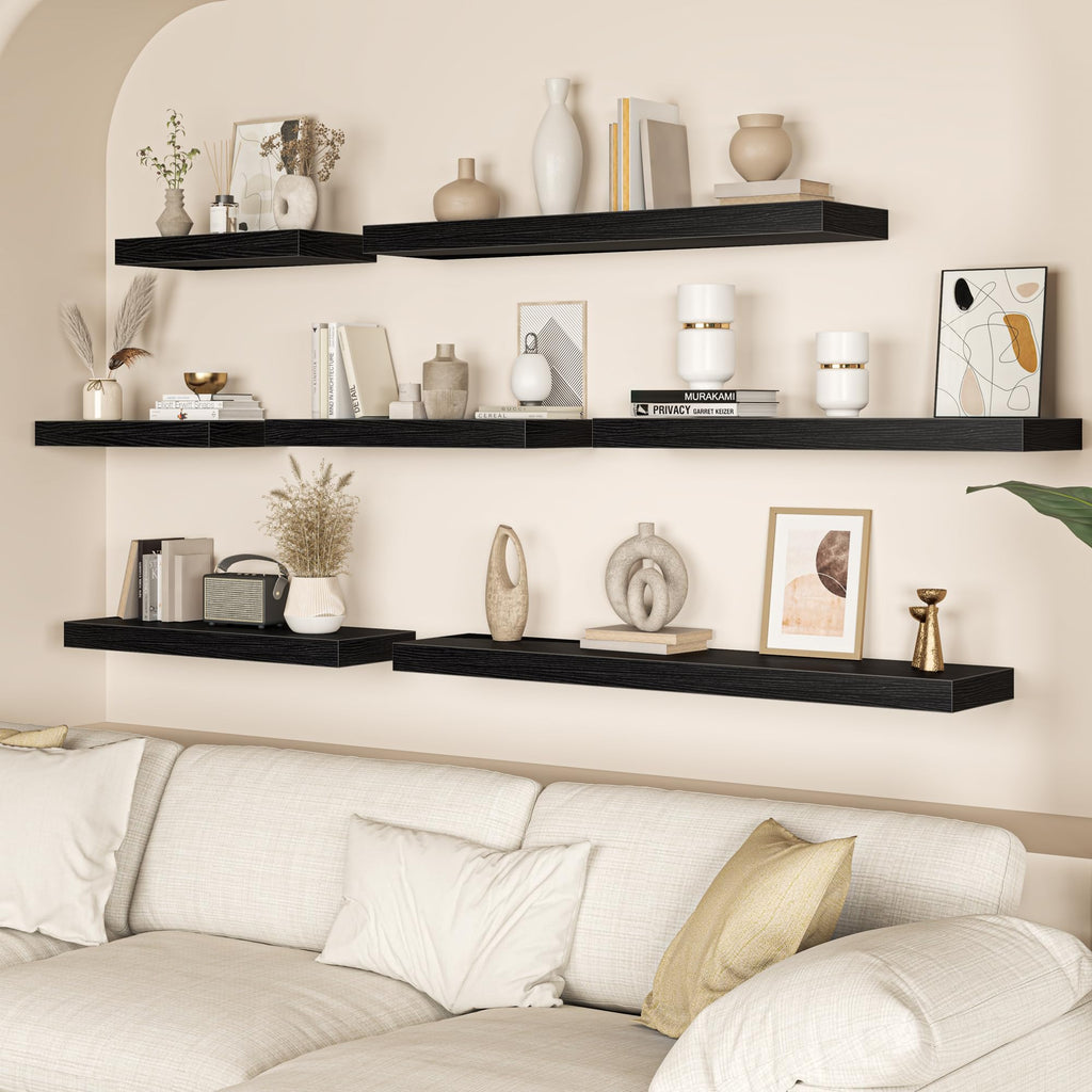 Black Floating Shelves - 2 Pack 30 Inch Long Rustic Wooden Wall Shelves - 12 Inch Deep Wall Mounted Storage Shelf