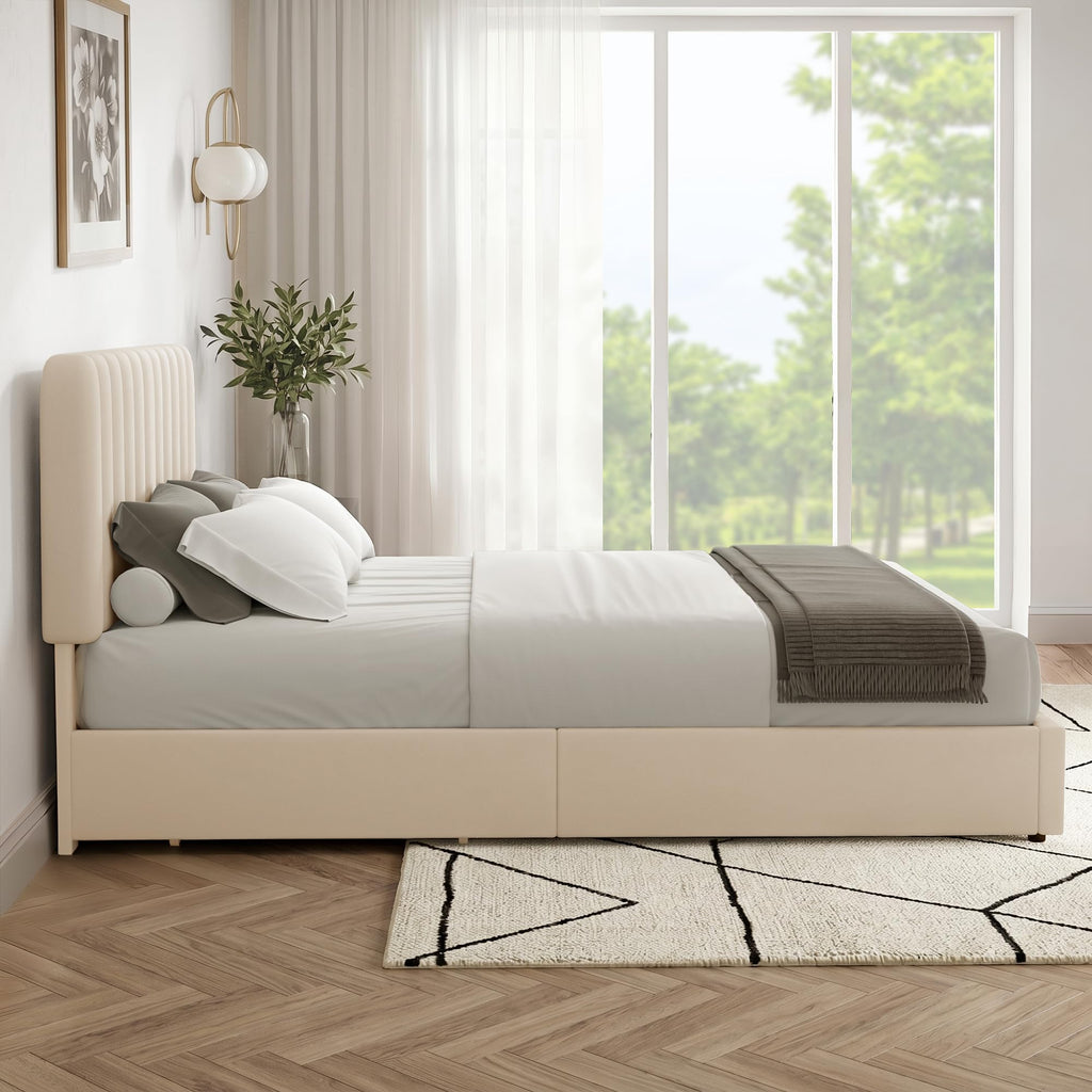 King Size Upholstered Bed Frame with 4 Drawers and Headboard, Velvet Platform Storage Bedframe, Wooden Slats Support