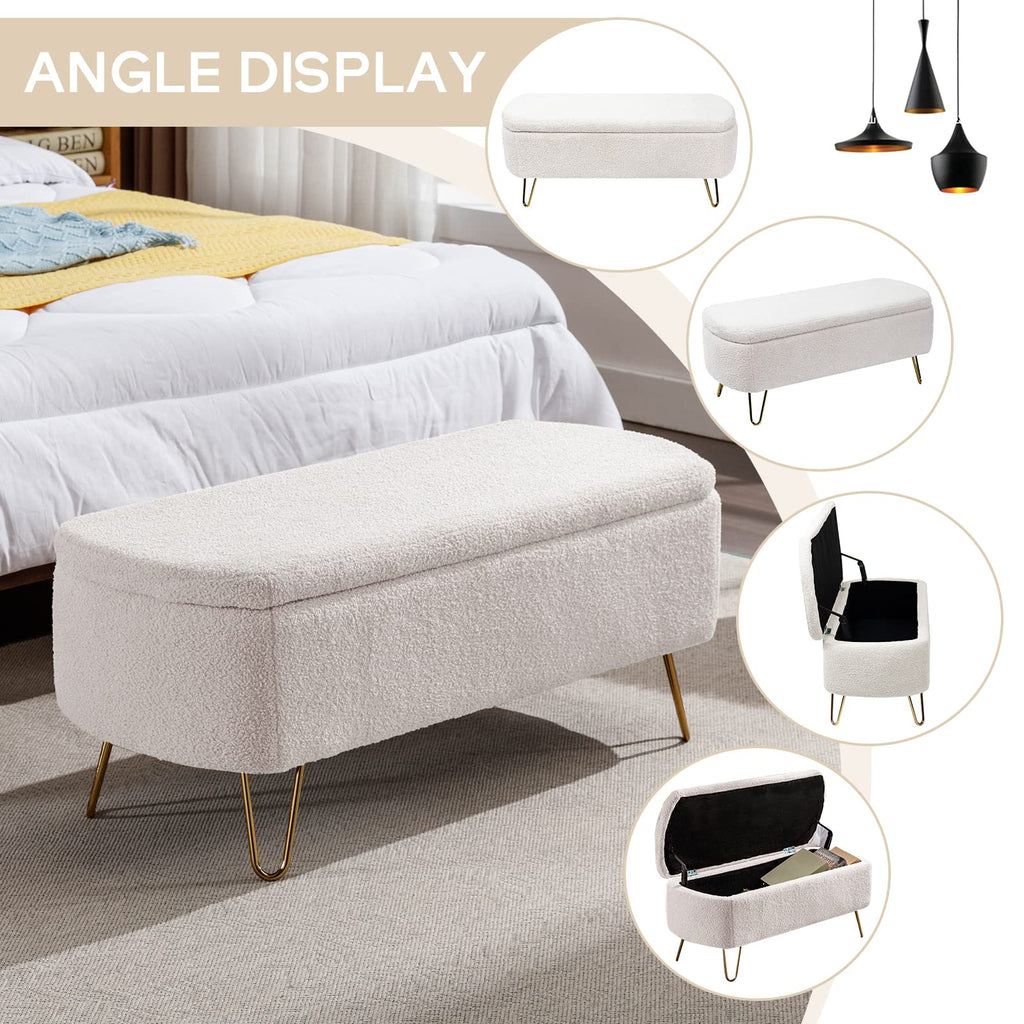 Modern Storage Ottoman Bench, Teddy Upholstered Entryway Bench with Gold Legs, Vintage End of Bed Bench with Safety