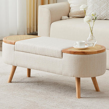 Rattan Storage Ottoman Bench with Seat Long Ottoman Foot Rest Stool Linen Upholstered Wood Leg End of Bed Couch Hinge