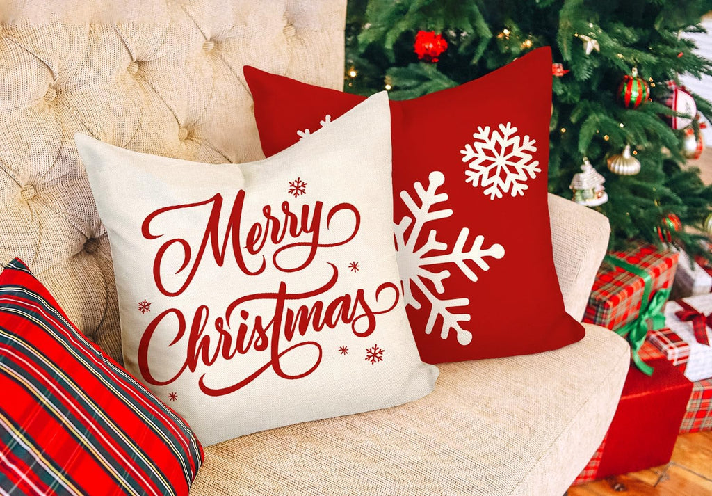 Red Christmas Pillow Covers 18x18 Farmhouse Xmas Decorations Snowflake Hello Winter Holiday Decor Throw - Set of 4