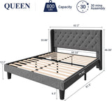 Queen Bed Frame with Button Tufted Wingback Headboard, Upholstered Platform Bed with Wooden Slats Support