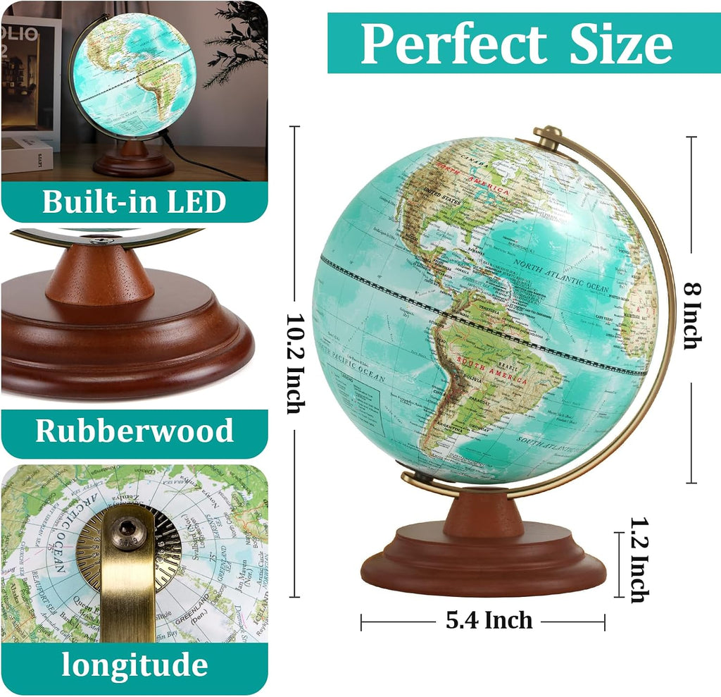 Illuminated Globe of the World with Wooden Stand, 8'' World Globe for Kids & Adults' Learning Built-in LED Night