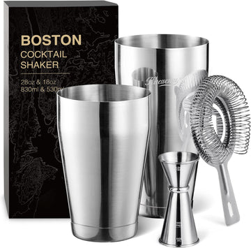 Boston Cocktail Shaker Set, 4-Piece Boston Shaker Tins Bartender Kit with 18oz & 28oz Mixed Drink Shaker, Hawthorne - Set of 4