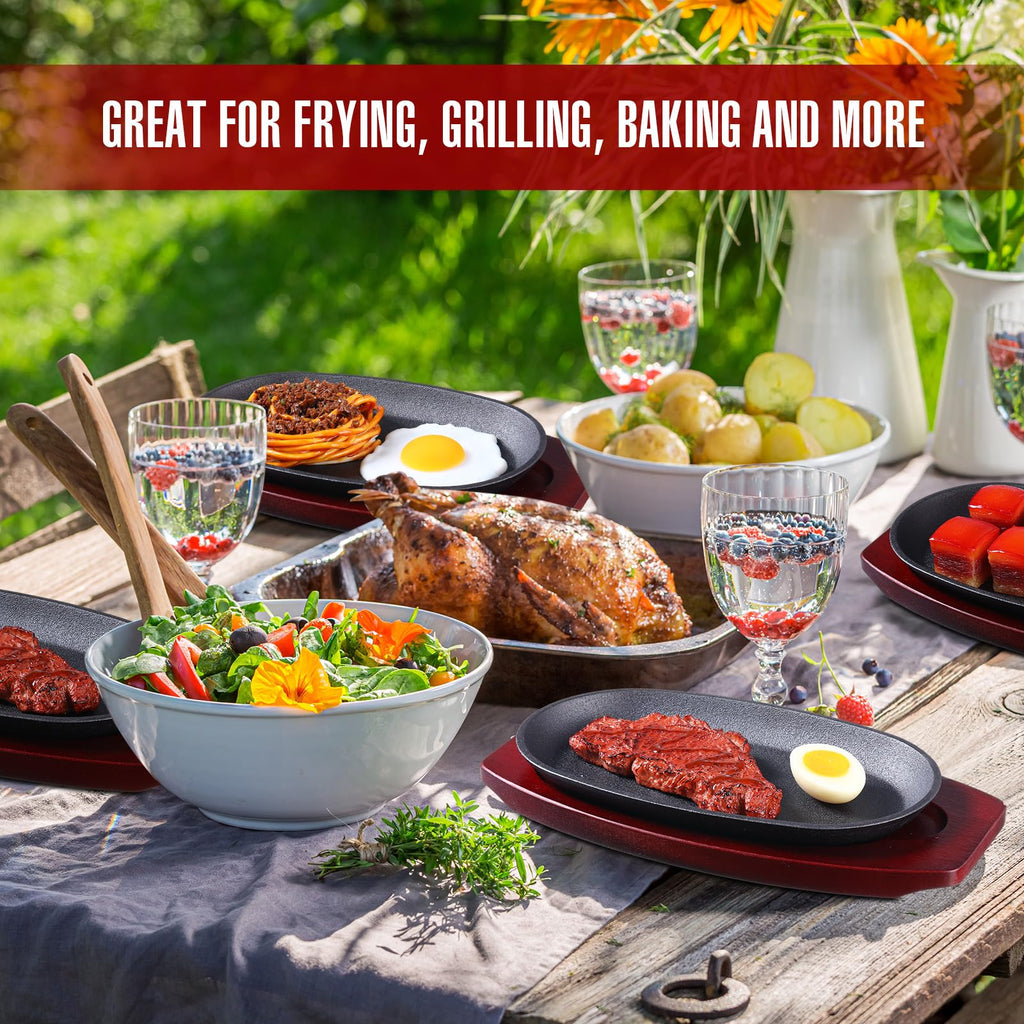 6 Pcs Oval Cast Iron Fajita Skillet Pan Set Small Sizzling Steak Plate with Wooden Base and Handle Cast Iron Fajita
