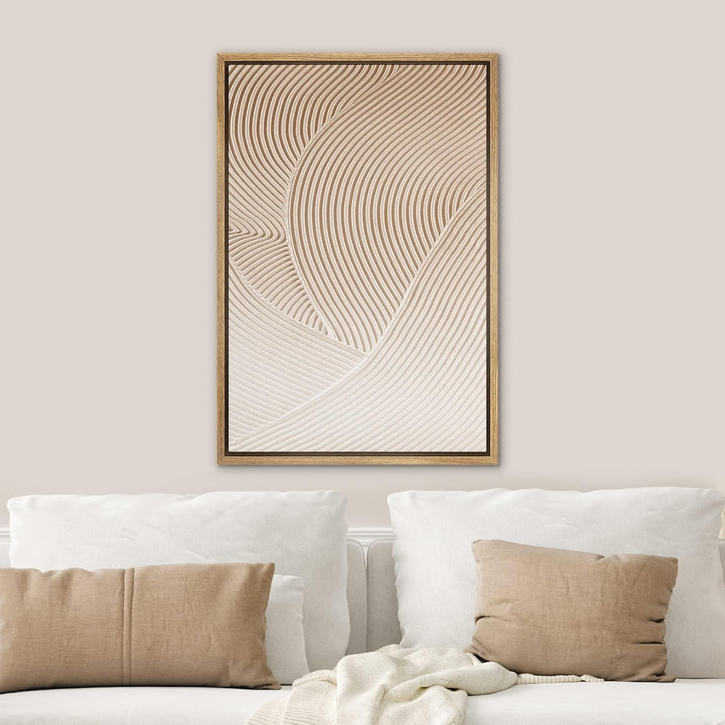 Framed Canvas Print Wall Art Pastel Brown Geometric Landscape Waves Abstract Shapes Illustrations Minimal Nordic Zen