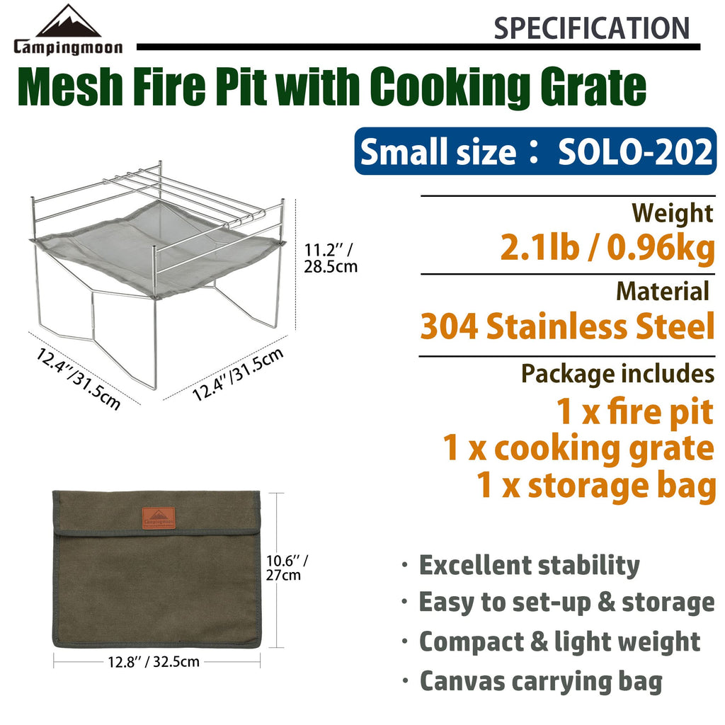 Portable Mesh Fire Pit with Cooking Grate (L 12.4'' x W 12.4'' x H 11.2''), Carry Bag